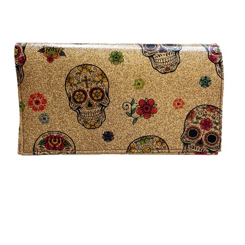 Porte chéquier têtes de mort en simili cuir doré à paillettes