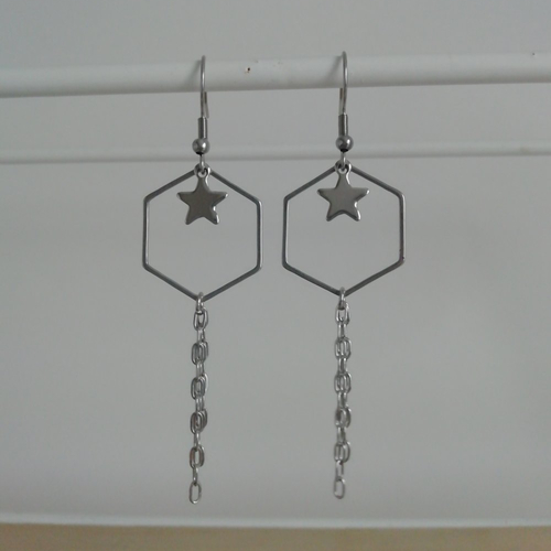 Boucles d'oreilles acier inoxydable pendantes breloques hexagones, etoiles + chaine