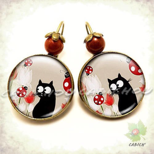Boucles D Oreilles Chat Jolies Coccinelles Rouge Noir Cabochons Verre Cadeau Enfant Fillette Et Femme Un Grand Marche