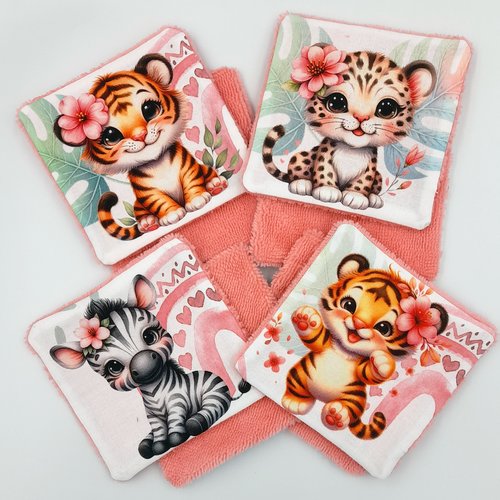 Lot de 8 lingettes bébé en coton et éponge bambou rose  thème jungle.