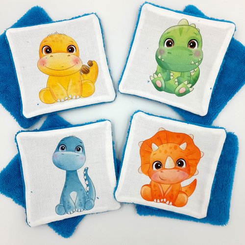 Lot de 8 lingettes bébé en coton et éponge bambou bleu  thème dinosaure.