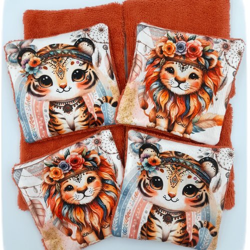 Lot de 8 lingettes bébé en satin de coton et éponge bambou rouille  thème jungle.