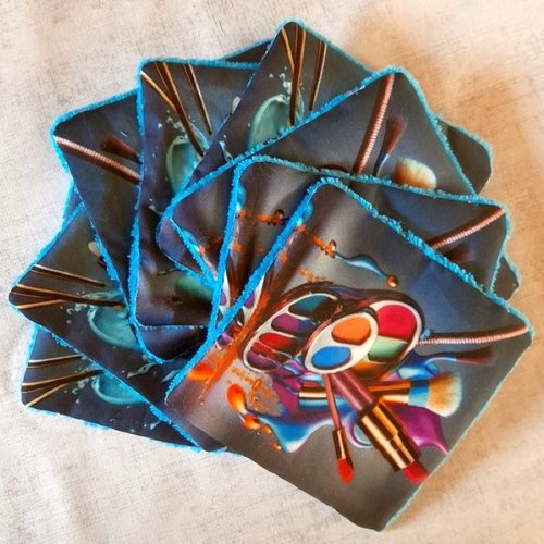 Lot de 8 lingettes en satin de coton et éponge bambou bleu-vert  thème maquillage