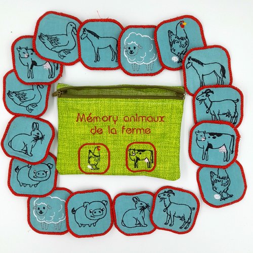 Jeu memory "animaux de la ferme" en tissu avec pochette de rangement