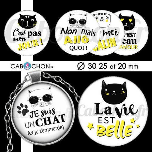 Humeur de chat ☆ 45 images digitales rondes 30 25 et 20 mm chat cat dechire super cabochon badge bijoux 