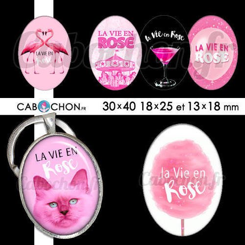 La vie en rose ll ☆ 45 images digitales ovales 30x40 18x25 et 13x18 mm chat cat flamant pink flamingo cabochon badge 