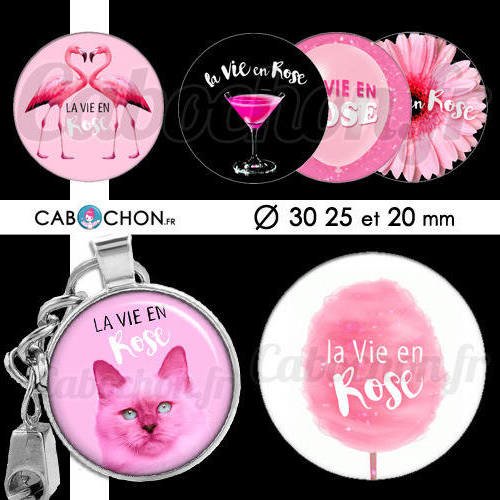 La vie en rose ll ☆ 45 images digitales rondes 30 25 et 20 mm chat cat flamant pink flamingo cabochon badge 