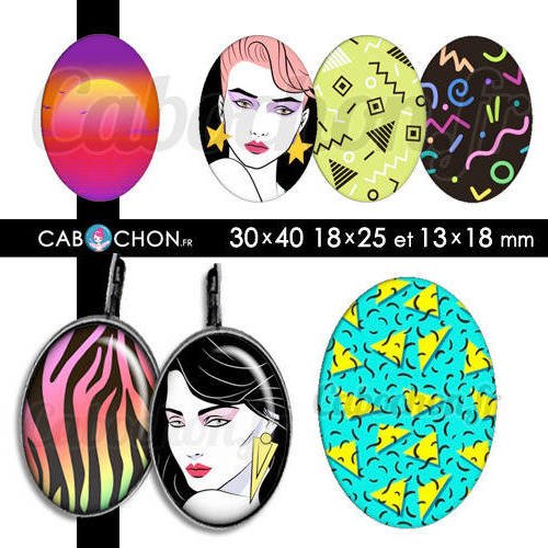 The 80's ☆ 45 images digitales ovales 30x40 18x25 et 13x18 mm 80 1980 memphis design style synth wave cabochons 