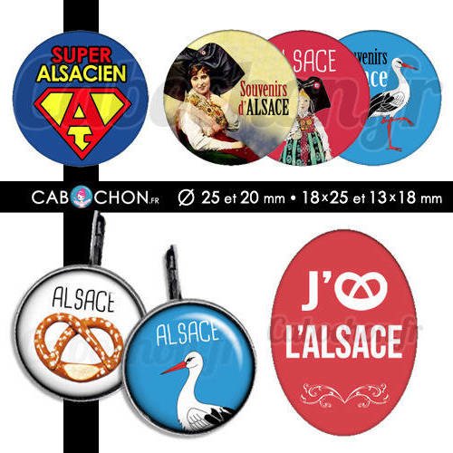 Alsace ☆ 60 images digitales rondes 25 et 20 mm ovales 18x25 et 13x18 mm alsacien alsacienne cigogne bretzel cabochon bijoux badges 