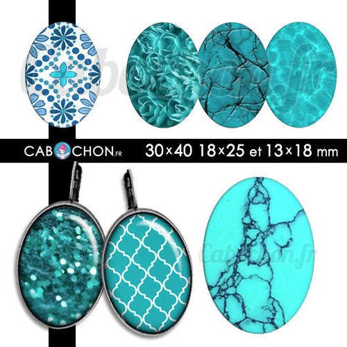 Turquoise ☆ 45 images digitales ovales 30x40 18x25 et 13x18 mm blue bleu ciel eau motifs cabochon page bijoux 