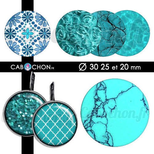 Turquoise ☆ 45 images digitales rondes 30 25 et 20 mm blue bleu ciel eau motifs cabochon page bijoux badge miroir 
