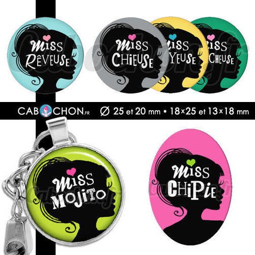 Miss ☆ 60 images digitales rondes 25 et 20 mm ovales 18x25 et 13x18 mm peste jalouse mojito chipie page cabochon cabochons bijoux 