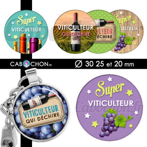 Viticulteur qui déchire ☆ 45 images digitales rondes 30 25 et 20 mm vigneron vin vigne raisin cabochon badge porte clé bouteille 