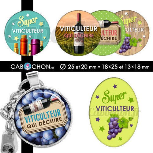 Viticulteur qui déchire ! ☆ 60 images digitales numériques rondes 25 et 20 mm ovales 18x25 et 13x18 mm vigneron vin vigne raisin cabochon 