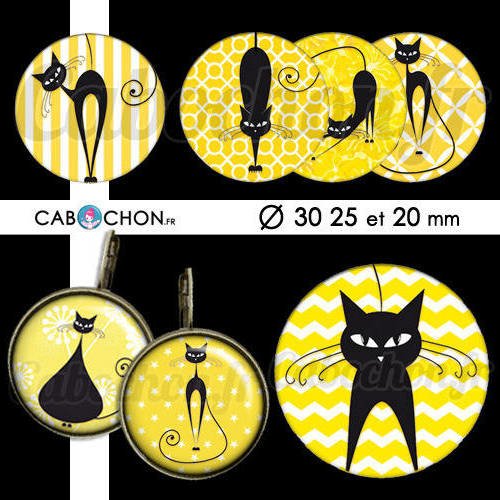 Chat noir jaune ☆ 45 images digitales rondes 30 25 et 20 mm silhouette ombre soleil pois rayures cat badge bijoux cabochon 
