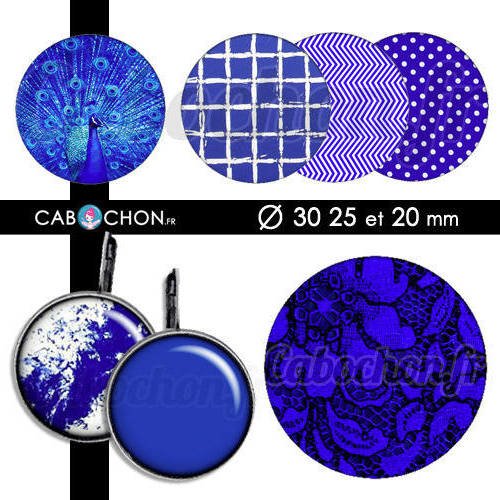 Bleu ☆ 45 images digitales rondes 30 25 et 20 mm blue paon motif motifs yves cabochon page bijoux badges 