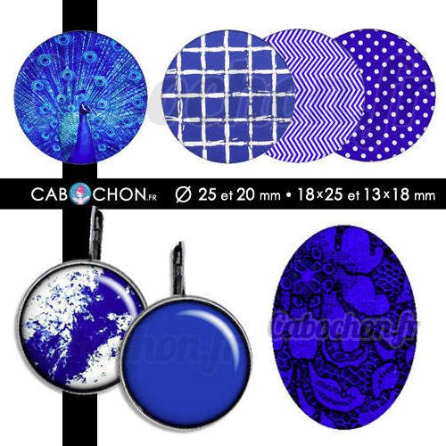 Bleu ☆ 60 images digitales rondes 25 et 20 mm ovales 18x25 et 13x18 mm blue paon motif motifs yves cabochon page 