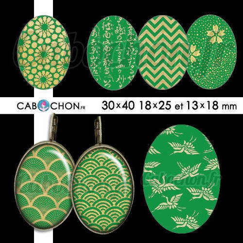 Japan gold green ☆ 45 images digitales ovales 30x40 18x25 et 13x18 mm  japon washi motif sakura or vert doré 