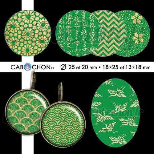 Japan gold green ☆ 60 images digitales rondes 25 et 20 mm ovales 18x25 et 13x18 mm japon washi motif sakura page cabochon 