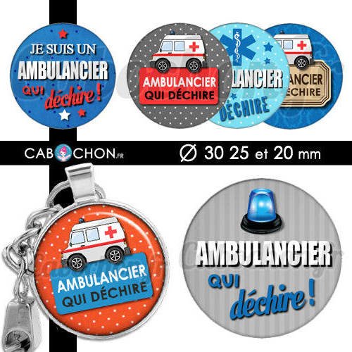 Ambulancier qui déchire ☆ 45 images digitales rondes 30 25 et 20 mm vsl taxi infirmier page cabochon porte clé badge 
