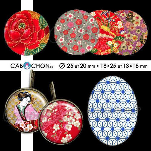Japon v ☆ 60 images digitales rondes 25 et 20 mm ovales 18x25 et 13x18 mm japan washi motif sakura page cabochon cabochons bijoux 