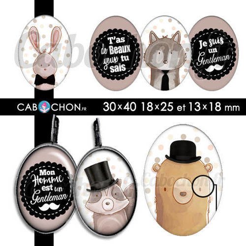 Profession gentleman ☆ 45 images digitales ovales 30x40 18x25 et 13x18 mm chat lapin loup ours raton papa cabochon 