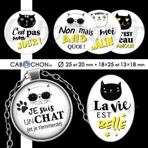 Humeur de chat ☆ 60 images digitales rondes 25 et 20 mm ovales 18x25 et 13x18 mm chat cat dechire super cabochon badge bijoux 