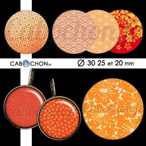 Japan orange  45 images digitales rondes 30 25 et 20 mm japon rouge japonais washi or papier cabochon page cabochon cabochons 