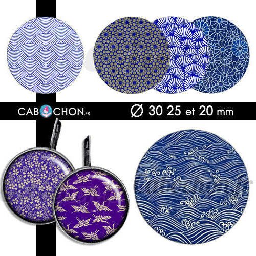 Japan blue ☆ 45 images digitales rondes 30 25 et 20 mm japon bleu washi or papier cabochon sakura page badge miroir 
