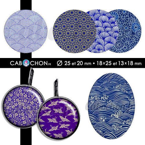 Japan blue ☆ 60 images digitales rondes 25 et 20 mm ovales 18x25 et 13x18 mm japon bleu washi or papier cabochon page badge 