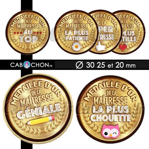 Médaille d'or maîtresse  ☆ 45 images digitales rondes 30 25 et 20 mm ecole institutrice chouette top geniale cabochon crayon badges miroirs 
