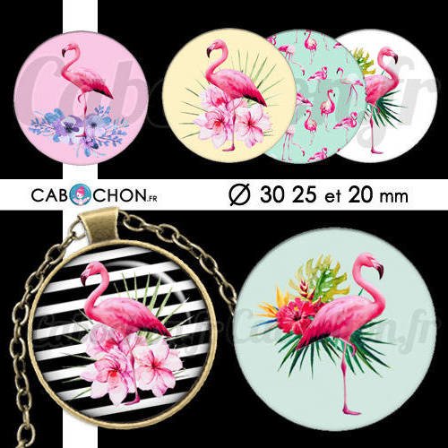Flamingo ☆ 45 images digitales rondes 30 25 et 20 mm flamant rose pink floyd oiseau tropical page cabochons cabochon badges bijoux 