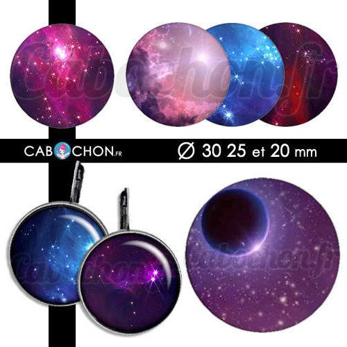 Cosmos ☆ 45 images digitales rondes 30 25 et 20 mm ciel etoile univers rose galaxie planete page cabochon bijoux badge cabochons 