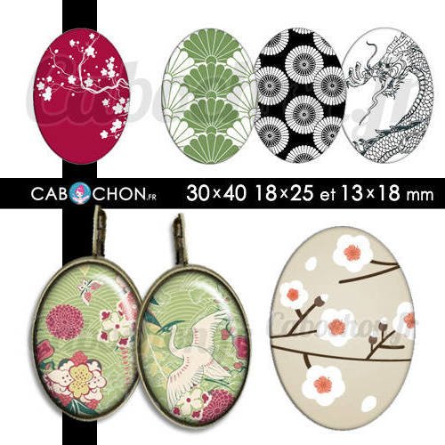 Japon lll ☆ 45 images digitales ovales 30x40 18x25 et 13x18 mm japan washi motif sakura page geisha cabochon 