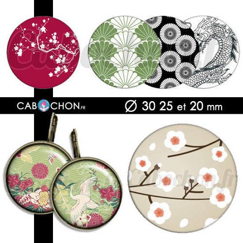 Japon lll ☆ 45 images digitales rondes 30 25 et 20 mm japan washi motif sakura page cabochon cabochons badge bijoux 