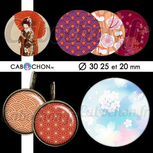 Japon ll ☆ 45 images digitales rondes 30 25 et 20 mm japan washi motif sakura page geisha cabochon cabochons bijoux badges 