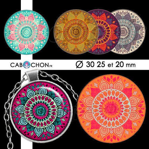 Mandala mania lv ☆ 45 images digitales rondes 30 25 et 20 mm couleur motif indien rosace page cabochon cabochons bijoux badges 