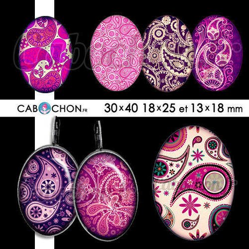 Paisley pink cachemire ☆ 45 images digitales ovales 30x40 18x25 et 13x18 mm motif motifs indien bandana page cabochon 