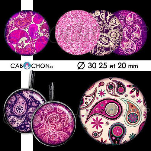 Paisley pink cachemire ☆ 45 images digitales rondes 30 25 et 20 mm motif motifs indien bandana page cabochon cabochons 