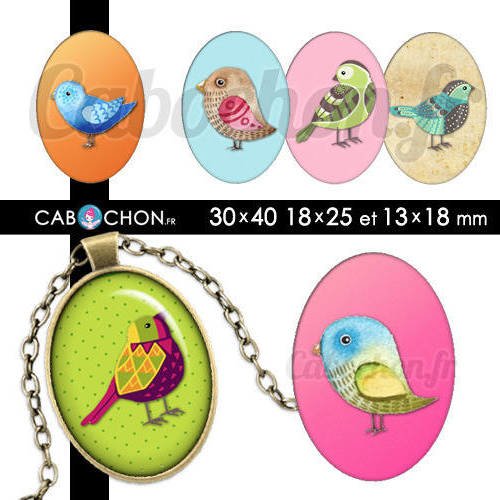 Birds ☆ 45 images digitales ovales 30x40 18x25 et 13x18 mm oiseau oiseaux couleur page cabochon cabochons badges bijoux 
