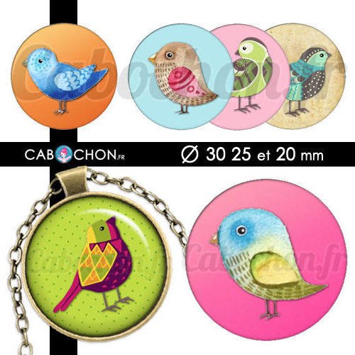 Birds ☆ 45 images digitales rondes 30 25 et 20 mm oiseau oiseaux couleur page cabochon cabochons badges bijoux 