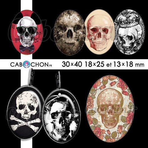 Memento mori ☆ 45 images digitales ovales 30x40 18x25 et 13x18 mm crane squelette calaveras mexican skull cabochons cabochon 
