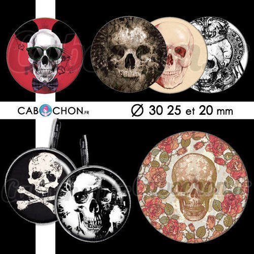 Memento mori ☆ 45 images digitales rondes 30 25 et 20 mm crane squelette calaveras mexican skull cabochons cabochon bijoux page badges 