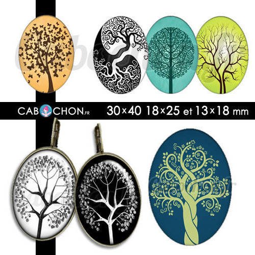 Les arbres ☆ 45 images digitales ovales 30x40 18x25 et 13x18 mm vie arbre ying klimt nature branche vert 