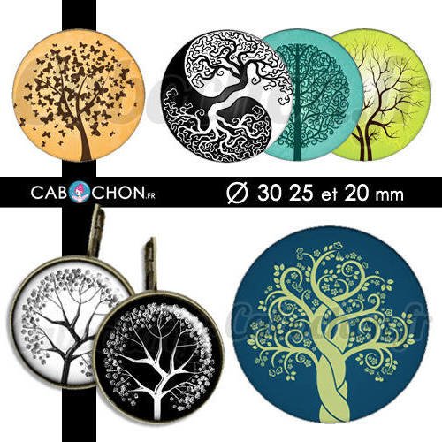 Les arbres ☆ 45 images digitales rondes 30 25 et 20 mm vie arbre ying klimt nature branche vert cabochon page cabochons 