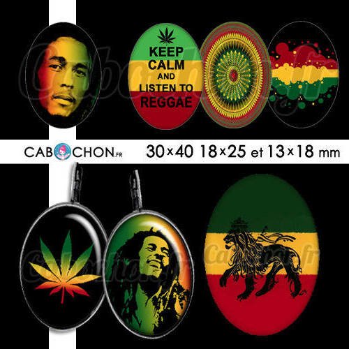 Reggae ☆ 45 images digitales ovales 30x40 18x25 et 13x18 mm rasta bob marley weed jamaique jamaica one love 