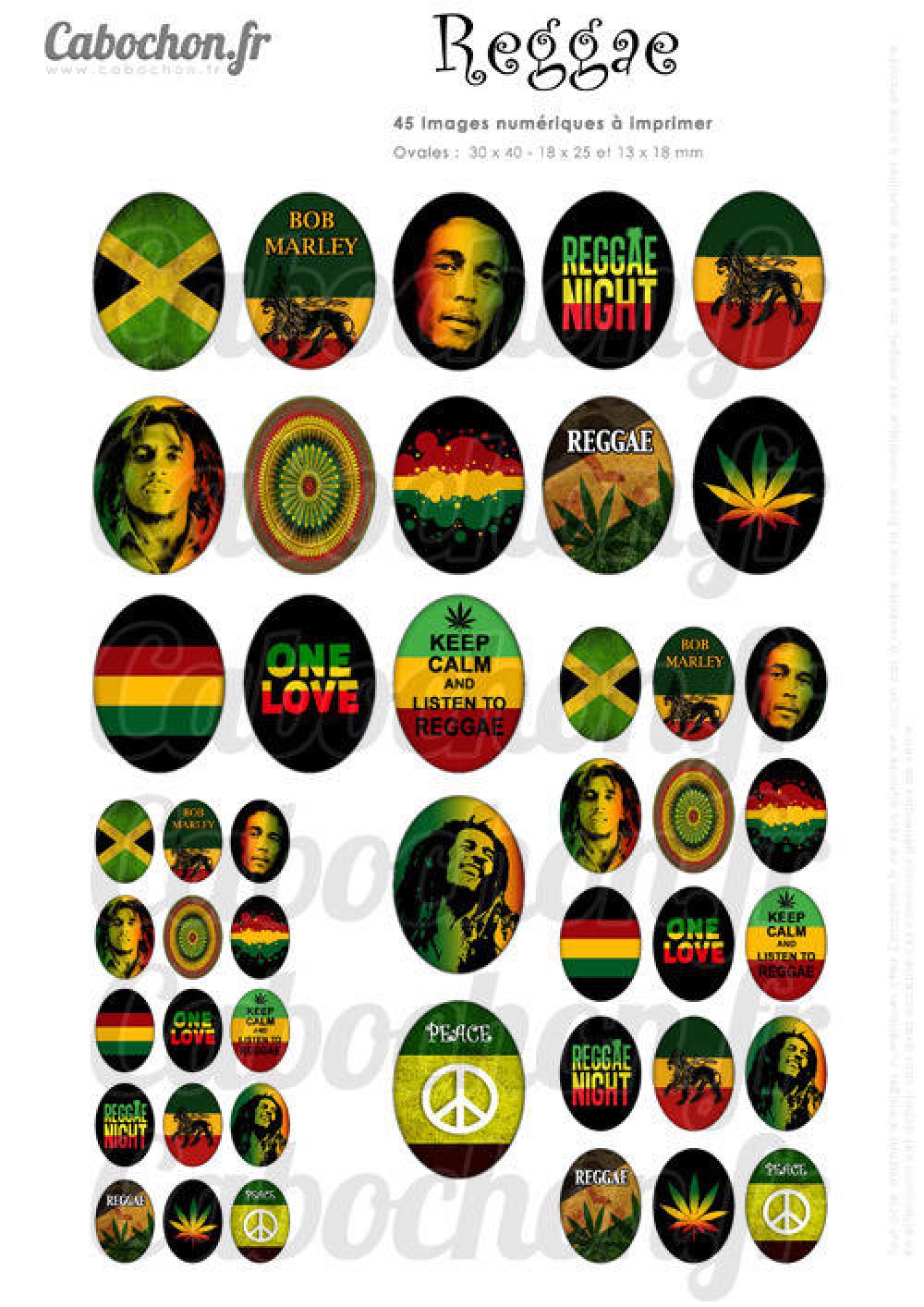 Reggae 45 Images Digitales Ovales 30x40 18x25 Et 13x18 Mm Rasta Bob Marley Weed Jamaique Jamaica One Love Un Grand Marche