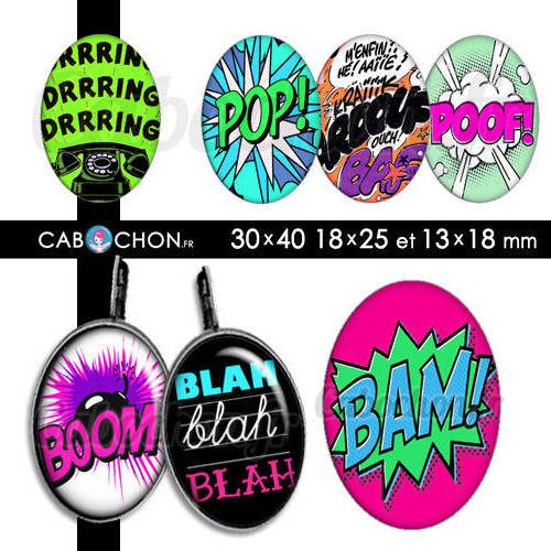 Badaboom ll ☆ 45 images digitales ovales 30x40 18x25 et 13x18 mm boum paf dring blah page cabochons cabochon bijoux 