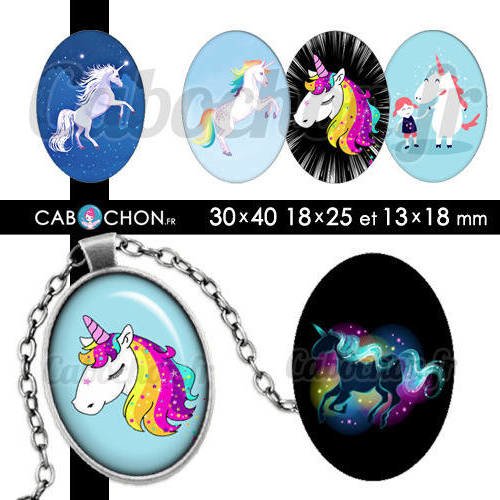 Licornes ll ☆ 45 images digitales ovales 30x40 18x25 et 13x18 mm cheval licorne fee magie page cabochons cabochon bijoux 