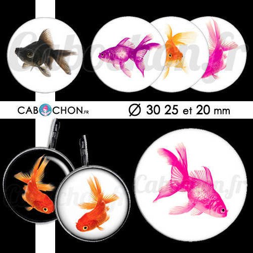 Mon petit poisson ☆ 45 images digitales rondes 30 25 et 20 mm rouge goldfish combatant aquarium page cabochon cabochons bijoux badges 